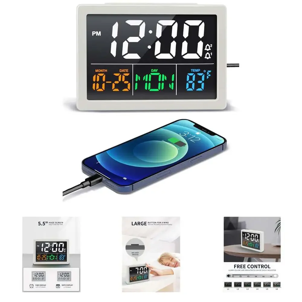 Digital Alarm Clock with Date and Temperature, 5.5 Inch HD Display, Dual USB